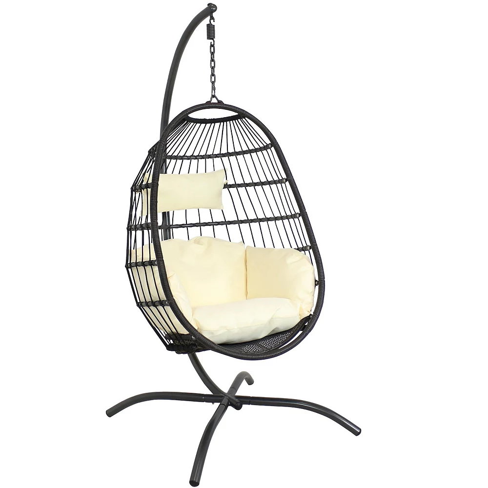 Sunnydaze Resin Wicker Hanging Egg Chair with Steel Stand/Cushions - Cream Sunnydaze Decor Sunnydaze Resin Wicker Hanging Egg Chair With Steel Stand/Cushions - Cream -Zuo Modern Shop 5842803