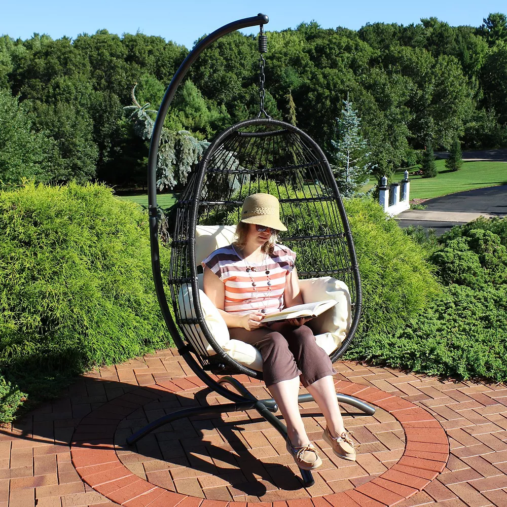 Sunnydaze Resin Wicker Hanging Egg Chair with Steel Stand/Cushions - Cream Sunnydaze Decor Sunnydaze Resin Wicker Hanging Egg Chair With Steel Stand/Cushions - Cream -Zuo Modern Shop 5842803 ALT
