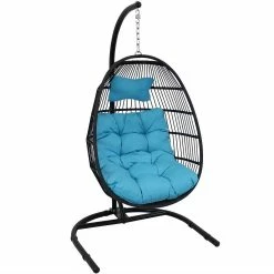Sunnydaze Decor Sunnydaze Resin Wicker Hanging Egg Chair With Steel Stand/Cushions - Blue
