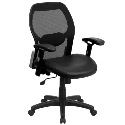 Emma+Oliver Emma And Oliver Mid-Back Black Mesh/LeatherSoft Executive Office Chair - Adjustable Lumbar
