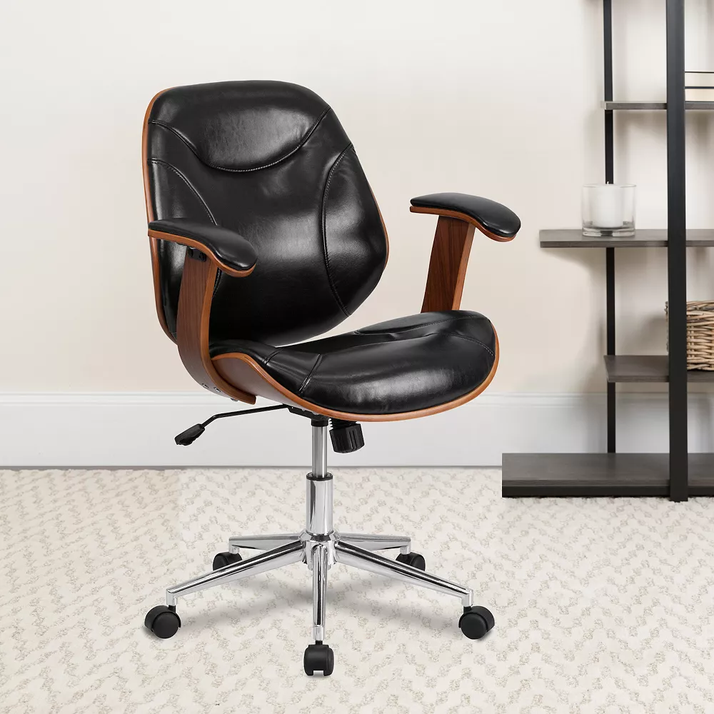 Emma+Oliver Emma And Oliver Mid-Back Black LeatherSoft Executive Ergonomic Wood Swivel Office Chair - Arms 4 Emma+Oliver Emma And Oliver Mid-Back Black LeatherSoft Executive Ergonomic Wood Swivel Office Chair - Arms - Image 2