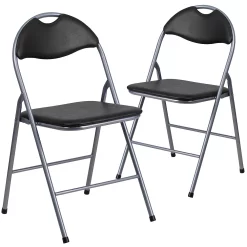 Emma+Oliver Emma And Oliver 2 Pack Black Vinyl Metal Folding Chair With Carrying Handle