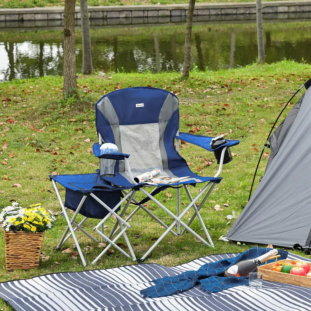 Outsunny Folding Camping Chair With Portable Insulation Table Bag Two Cup Holders For Beach Ice Fishing And Picnic Navy Blue 4 Outsunny Folding Camping Chair With Portable Insulation Table Bag Two Cup Holders For Beach Ice Fishing And Picnic Navy Blue - Image 2