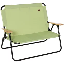 Outsunny Portable Folding Double Camping Chair Cup Holder, Loveseat For 2 Person, Outdoor Chair With Wood Armrest Beach Travel, Green