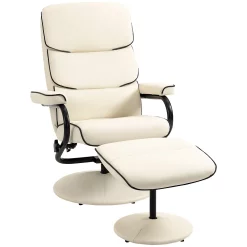 HOMCOM Recliner Chair With Ottoman Swivel PU Leather High Back Armchair W/ Footrest Stool 135 Degree Adjustable Backrest And Thick Foam Padding For Home Office Or Living Room Cream White