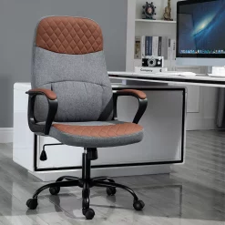 Vinsetto High Back Office Chair With 2 Point Lumbar Massage USB Power Faux Leather And Linen Fabric Brown And Grey -Zuo Modern Shop 6031594 ALT2