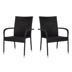 Emma+Oliver Emma And Oliver Sala Stacking All-Weather Black Wicker Wrapped Powder Coated Steel Patio Club Chair For Indoor And Outdoor Use - Set Of 2