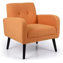 Vicluke Tufted Linen Upholstered Accent Reading Chair W/ Solid Wood Legs, Orange