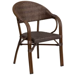 Merrick Lane Kailua Dark Brown Wicker Rattan Patio Chair With Curved Back And Red Aluminum Rattan Frame