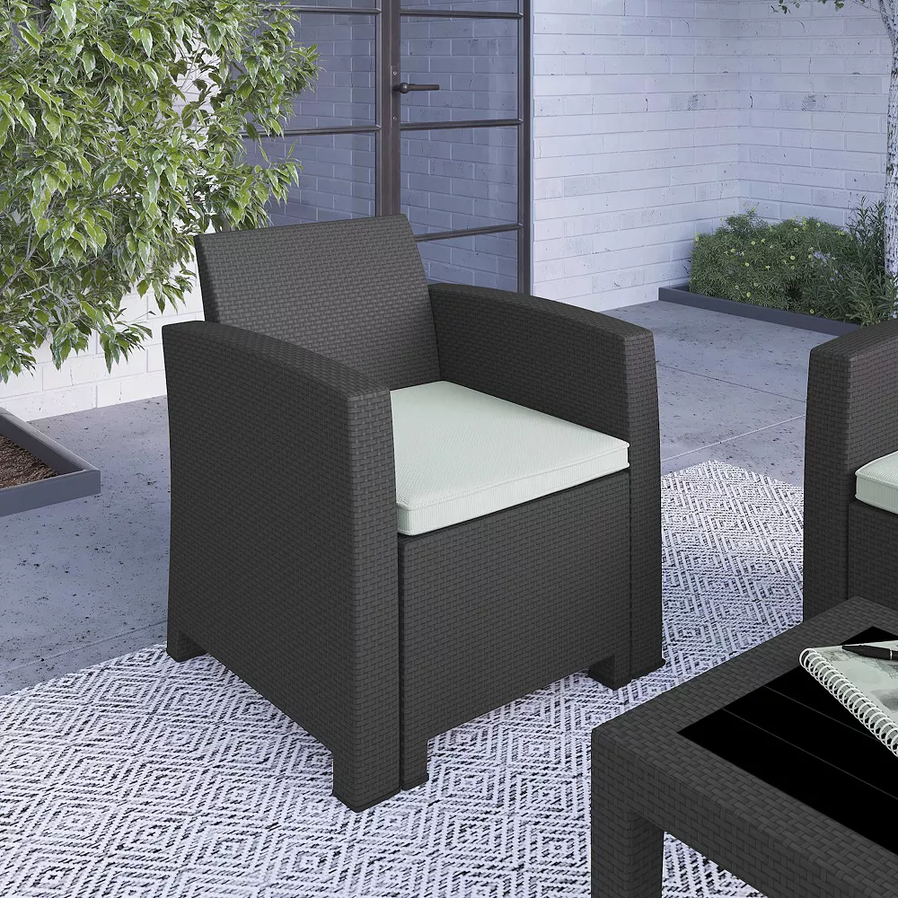 Merrick Lane Malmok Outdoor Furniture Resin Chair Light Gray Faux Rattan Wicker Pattern Patio Chair With All-Weather Beige Cushion 4 Merrick Lane Malmok Outdoor Furniture Resin Chair Light Gray Faux Rattan Wicker Pattern Patio Chair With All-Weather Beige Cushion - Image 2