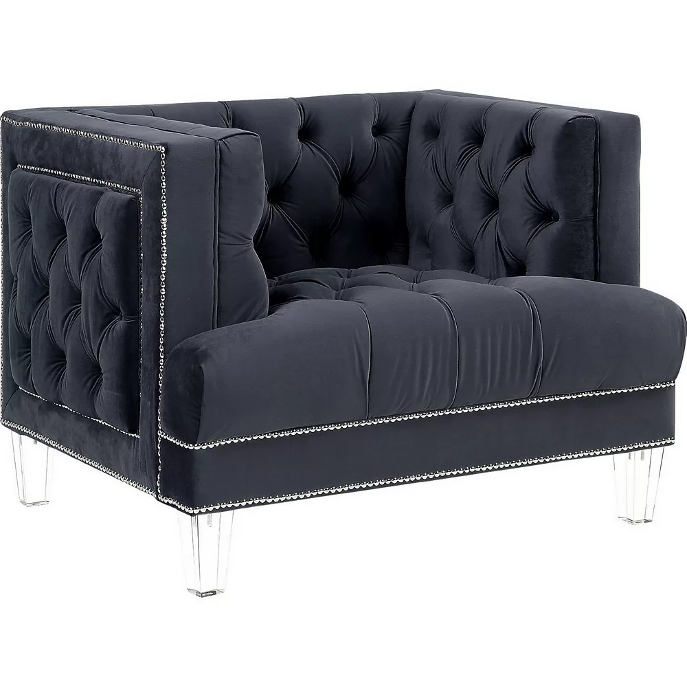 Benzara Velvet Upholstered Chair, With Tufted Details And Acrylic Legs, Black 3 Benzara Velvet Upholstered Chair, With Tufted Details And Acrylic Legs, Black