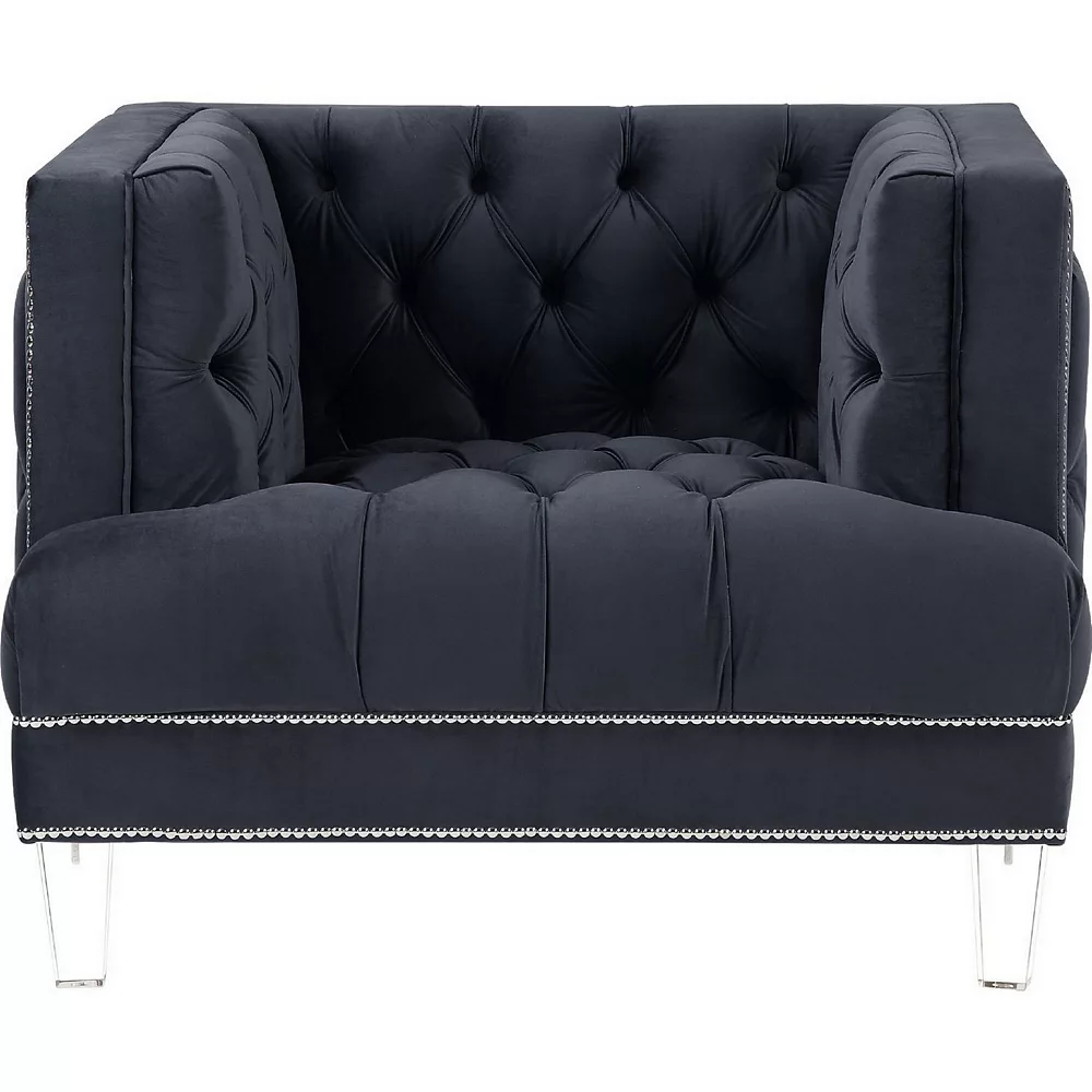 Benzara Velvet Upholstered Chair, With Tufted Details And Acrylic Legs, Black 4 Benzara Velvet Upholstered Chair, With Tufted Details And Acrylic Legs, Black - Image 2