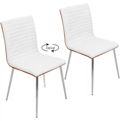 Contemporary Home Living Set Of 2 Stainless Steel And White Faux Fabric Dining Chair 34.25”